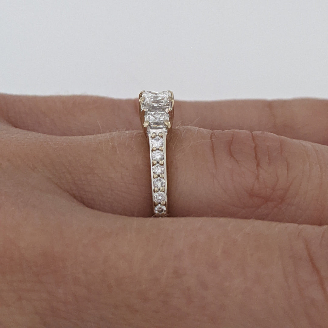 14K WHITE .73 CARAT TOTAL WEIGHT SI2 H DIAMOND PRINCESS CUT (3) WITH (12) ROUND ESTATE RING 2.4 GRAMS