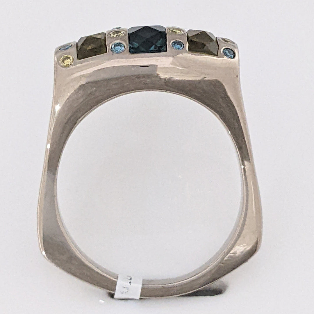 14K WHITE AQUAMARINE 4X9 CITRINE 7X3 (2) WITH YELLOW/BLUE DIAMOND MELEE ESTATE RING 12.0 GRAMS