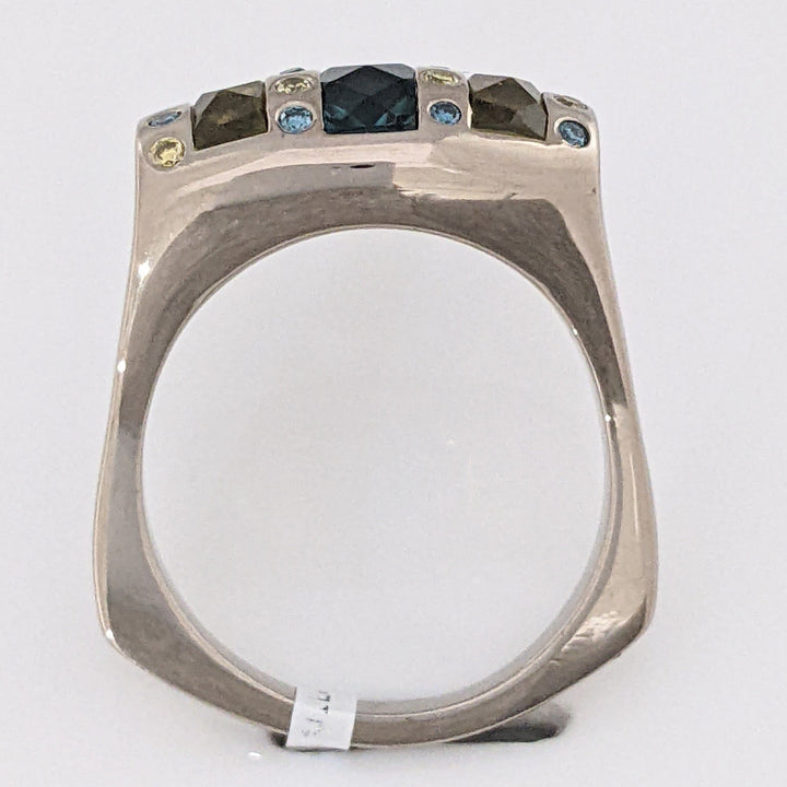 14K WHITE AQUAMARINE 4X9 CITRINE 7X3 (2) WITH YELLOW/BLUE DIAMOND MELEE ESTATE RING 12.0 GRAMS