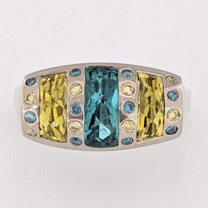 14K WHITE AQUAMARINE 4X9 CITRINE 7X3 (2) WITH YELLOW/BLUE DIAMOND MELEE ESTATE RING 12.0 GRAMS