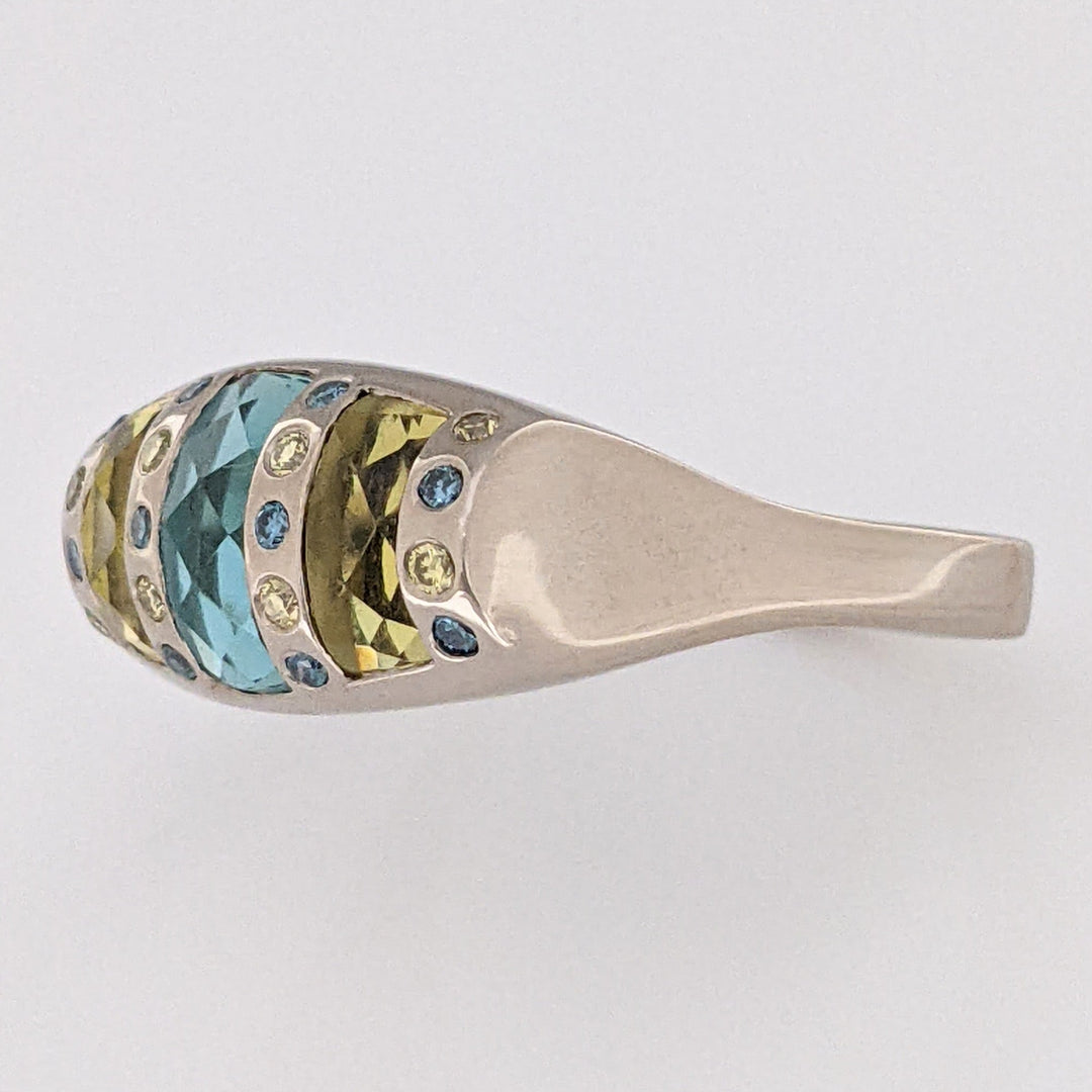 14K WHITE AQUAMARINE 4X9 CITRINE 7X3 (2) WITH YELLOW/BLUE DIAMOND MELEE ESTATE RING 12.0 GRAMS