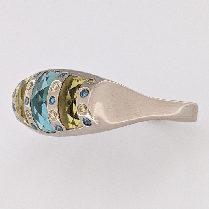 14K WHITE AQUAMARINE 4X9 CITRINE 7X3 (2) WITH YELLOW/BLUE DIAMOND MELEE ESTATE RING 12.0 GRAMS