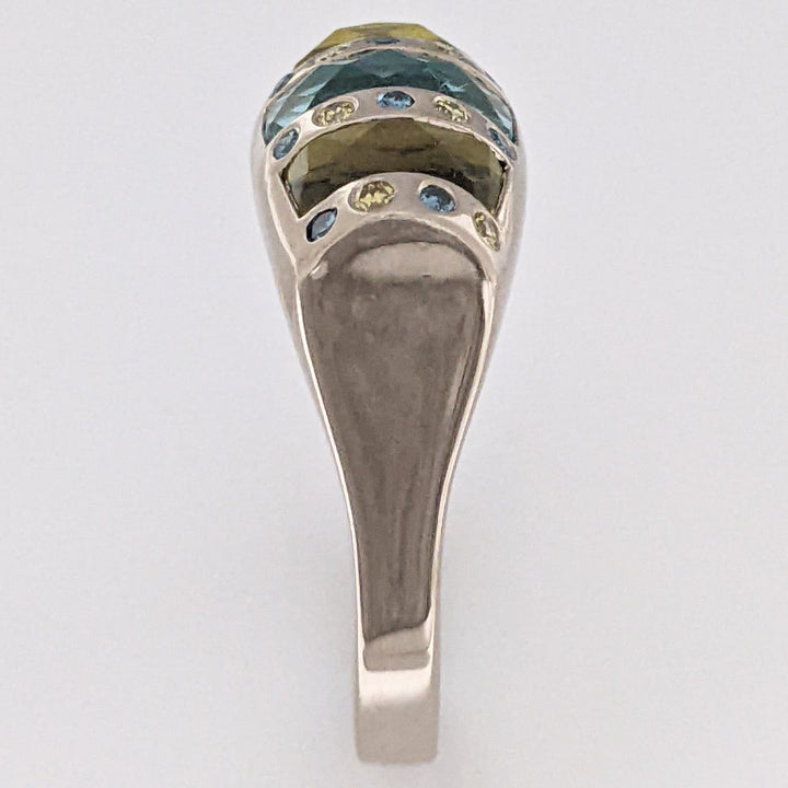 14K WHITE AQUAMARINE 4X9 CITRINE 7X3 (2) WITH YELLOW/BLUE DIAMOND MELEE ESTATE RING 12.0 GRAMS
