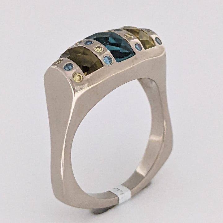 14K WHITE AQUAMARINE 4X9 CITRINE 7X3 (2) WITH YELLOW/BLUE DIAMOND MELEE ESTATE RING 12.0 GRAMS