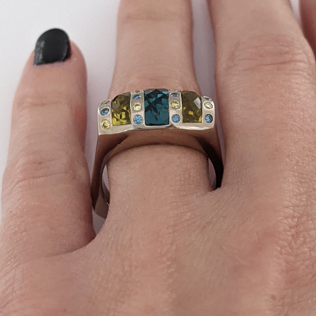 14K WHITE AQUAMARINE 4X9 CITRINE 7X3 (2) WITH YELLOW/BLUE DIAMOND MELEE ESTATE RING 12.0 GRAMS