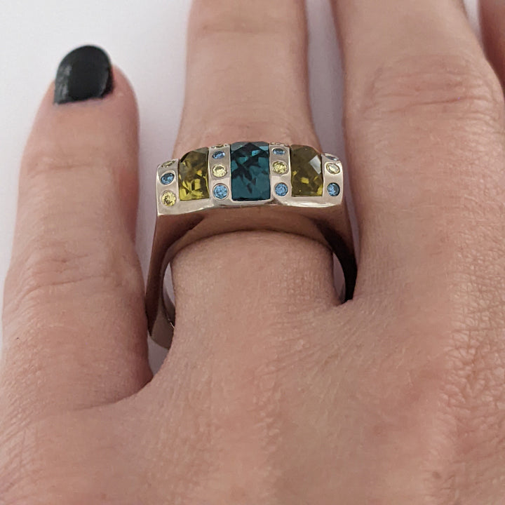 14K WHITE AQUAMARINE 4X9 CITRINE 7X3 (2) WITH YELLOW/BLUE DIAMOND MELEE ESTATE RING 12.0 GRAMS