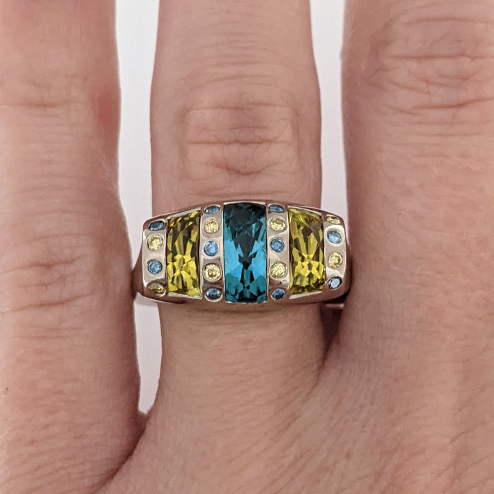 14K WHITE AQUAMARINE 4X9 CITRINE 7X3 (2) WITH YELLOW/BLUE DIAMOND MELEE ESTATE RING 12.0 GRAMS