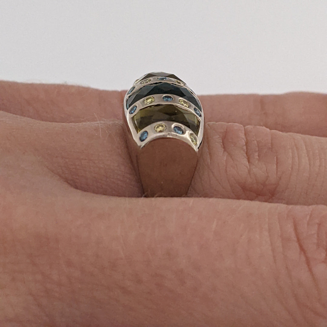 14K WHITE AQUAMARINE 4X9 CITRINE 7X3 (2) WITH YELLOW/BLUE DIAMOND MELEE ESTATE RING 12.0 GRAMS