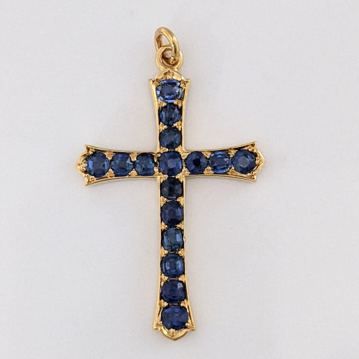 14K SAPPHIRE ROUND (16) 3-3.2MM ESTATE CROSS PENDANT 4.3 GRAMS
