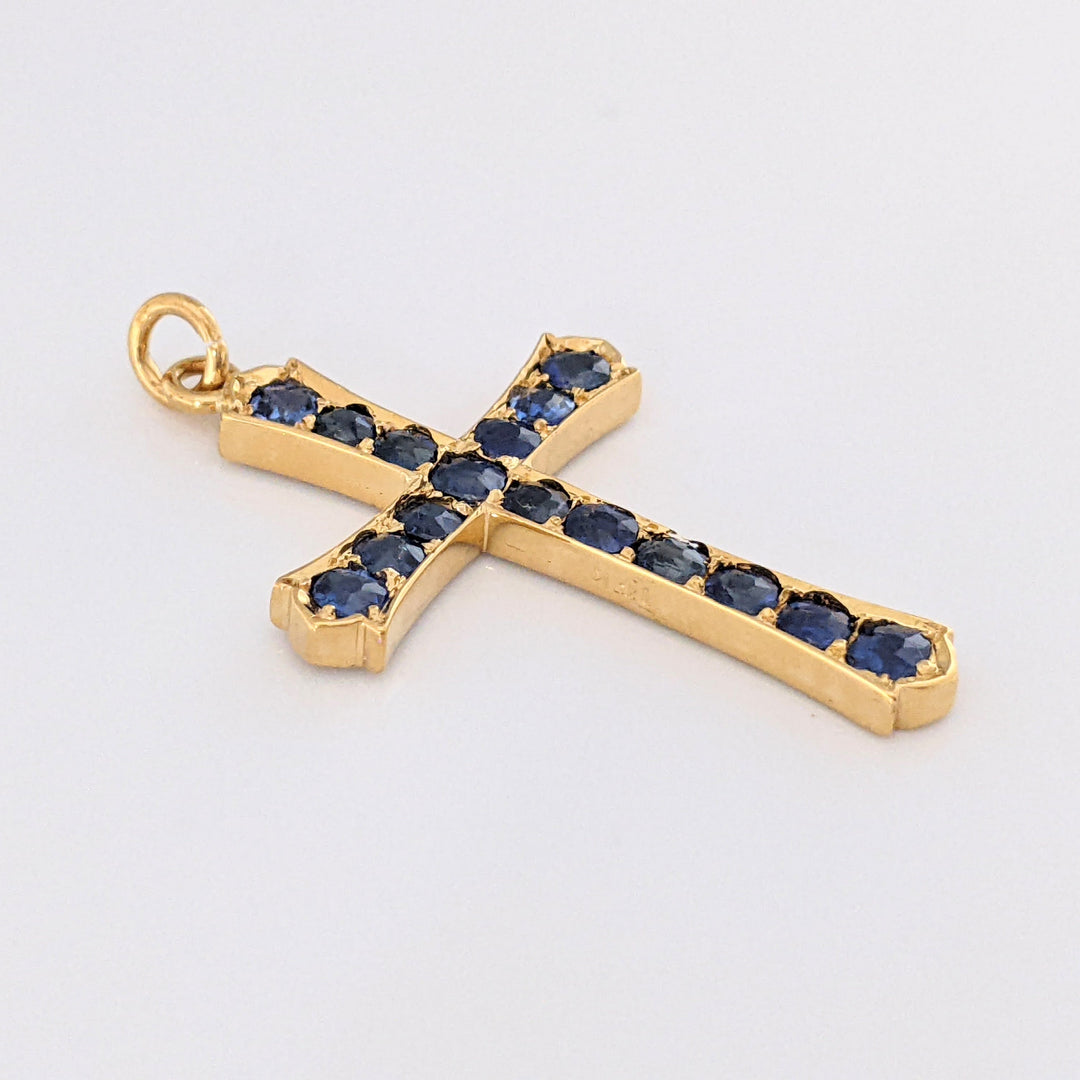 14K SAPPHIRE ROUND (16) 3-3.2MM ESTATE CROSS PENDANT 4.3 GRAMS