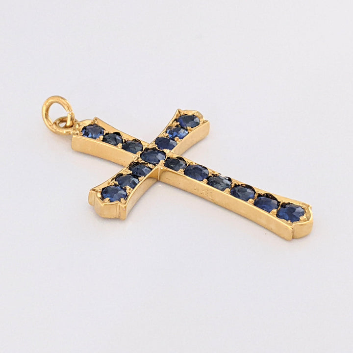 14K SAPPHIRE ROUND (16) 3-3.2MM ESTATE CROSS PENDANT 4.3 GRAMS