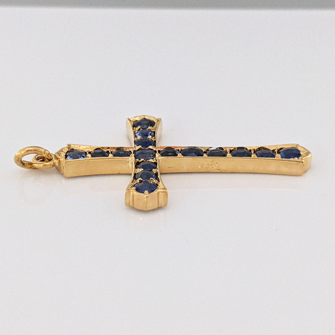 14K SAPPHIRE ROUND (16) 3-3.2MM ESTATE CROSS PENDANT 4.3 GRAMS