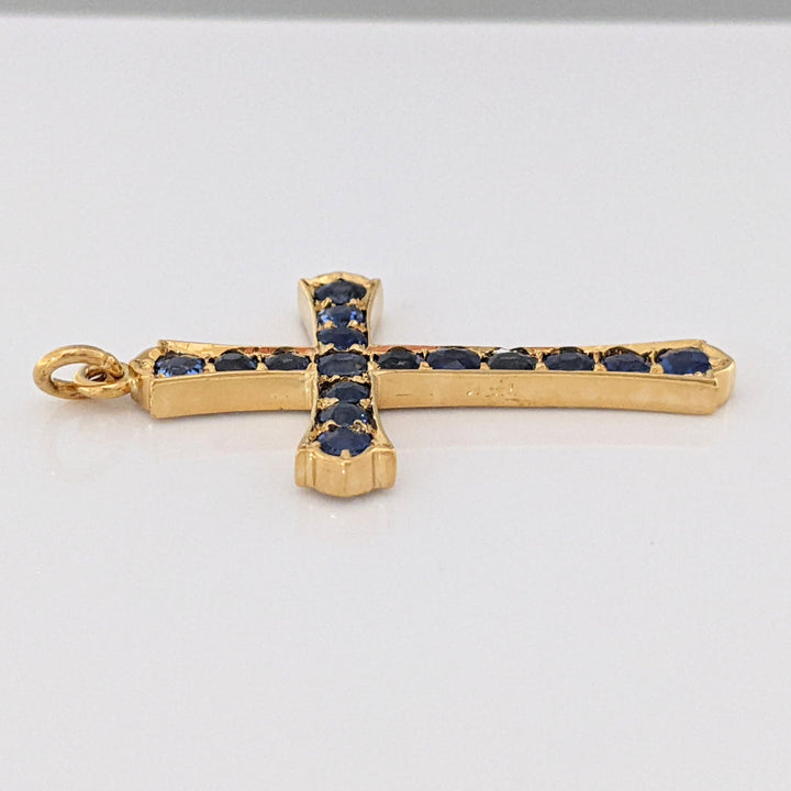 14K SAPPHIRE ROUND (16) 3-3.2MM ESTATE CROSS PENDANT 4.3 GRAMS