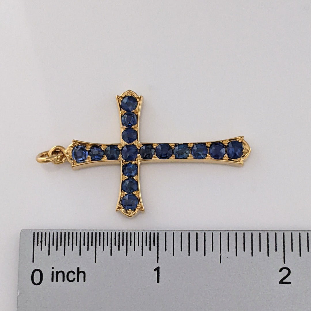14K SAPPHIRE ROUND (16) 3-3.2MM ESTATE CROSS PENDANT 4.3 GRAMS