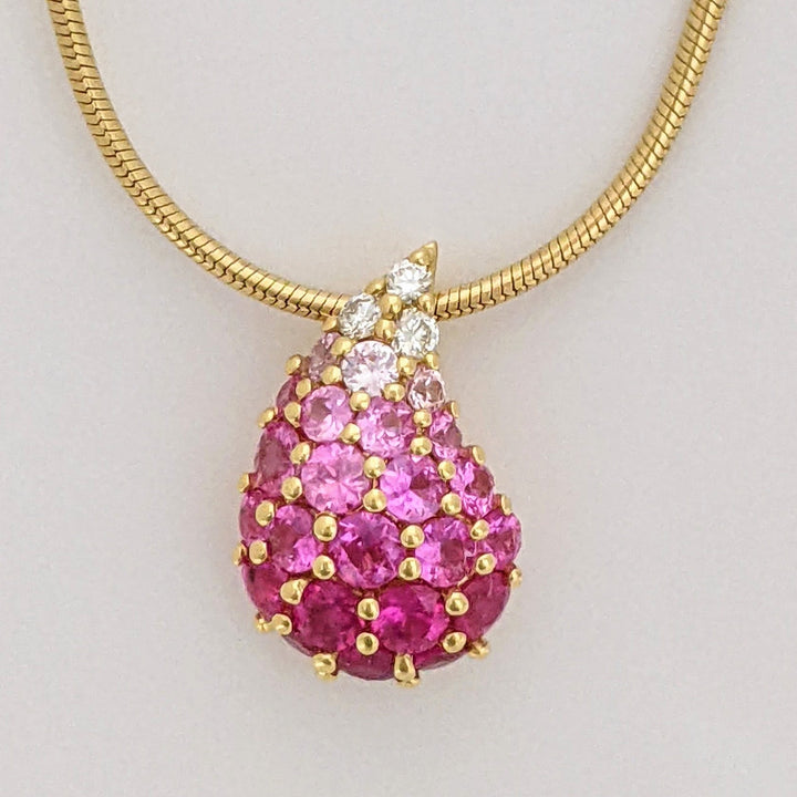 18K PINK/ WHITE SAPPHIRE ROUND CLUSTER PEAR ESTATE PENDANT & CHAIN 7.7 GRAMS