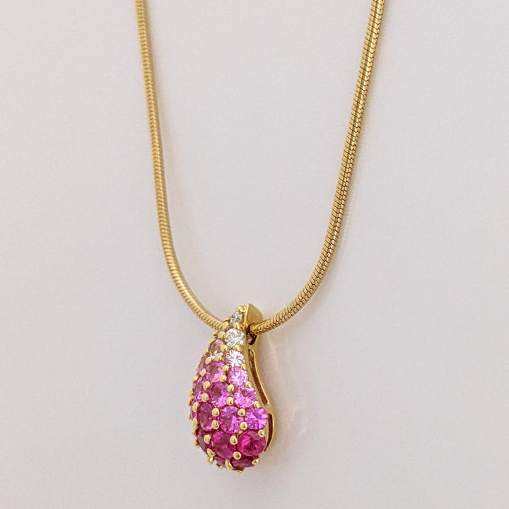 18K PINK/ WHITE SAPPHIRE ROUND CLUSTER PEAR ESTATE PENDANT & CHAIN 7.7 GRAMS