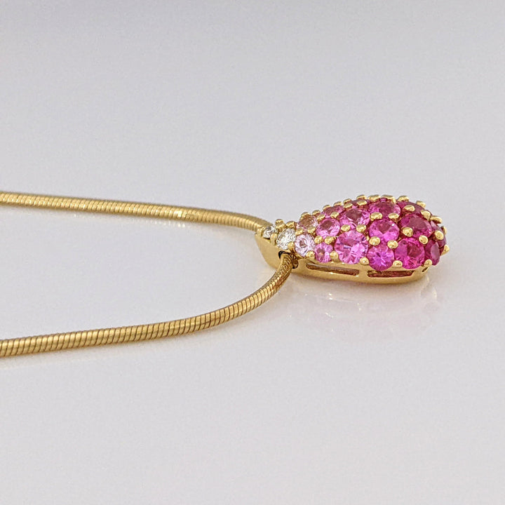18K PINK/ WHITE SAPPHIRE ROUND CLUSTER PEAR ESTATE PENDANT & CHAIN 7.7 GRAMS