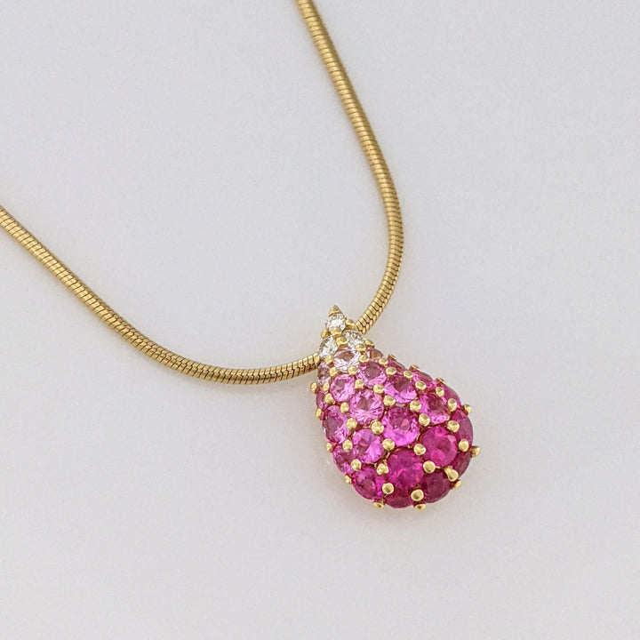 18K PINK/ WHITE SAPPHIRE ROUND CLUSTER PEAR ESTATE PENDANT & CHAIN 7.7 GRAMS