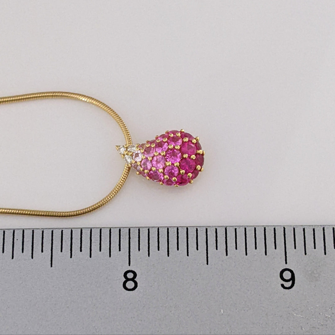 18K PINK/ WHITE SAPPHIRE ROUND CLUSTER PEAR ESTATE PENDANT & CHAIN 7.7 GRAMS