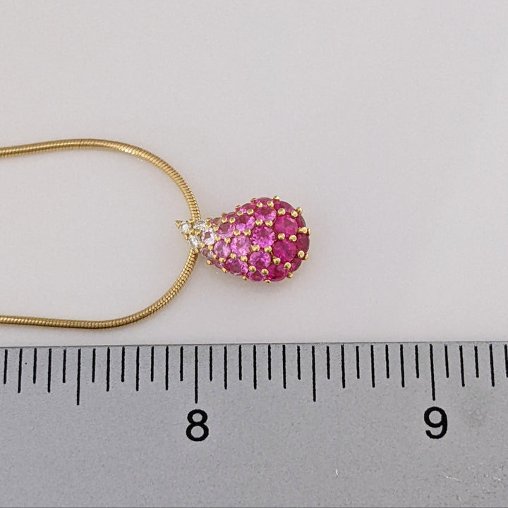 18K PINK/ WHITE SAPPHIRE ROUND CLUSTER PEAR ESTATE PENDANT & CHAIN 7.7 GRAMS