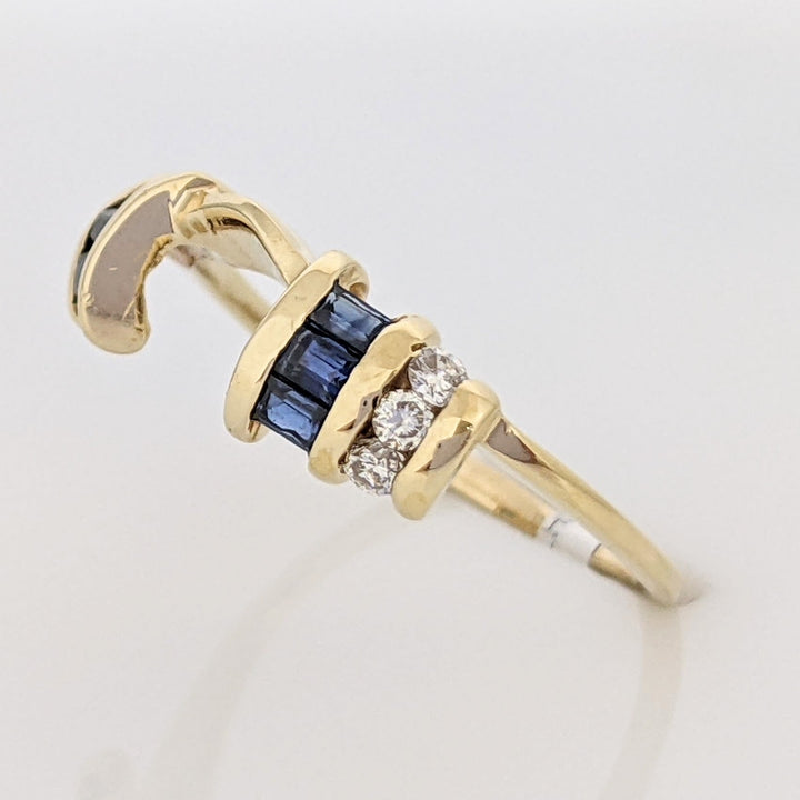 14K SAPPHIRE BAGUETTE (6) WITH .10 CARAT TOTAL WEIGHT DIAMOND ROUND (6) ESTATE WRAP 1.8 GRAMS