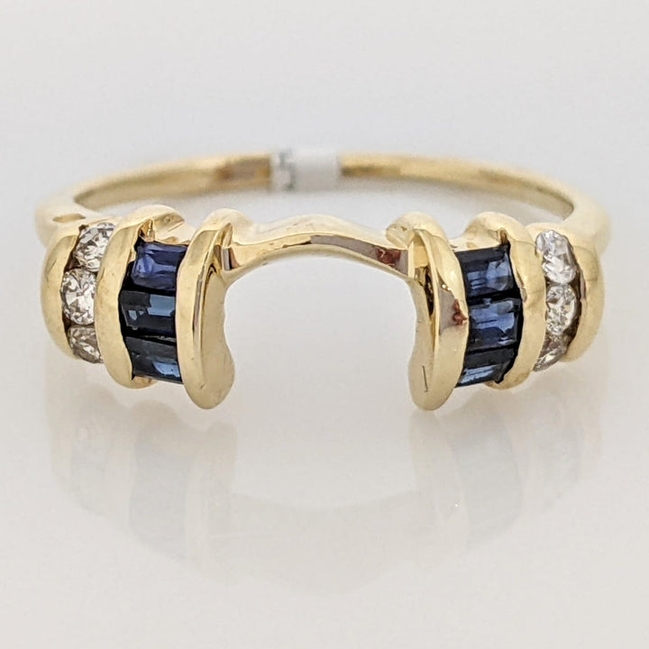 14K SAPPHIRE BAGUETTE (6) WITH .10 CARAT TOTAL WEIGHT DIAMOND ROUND (6) ESTATE WRAP 1.8 GRAMS