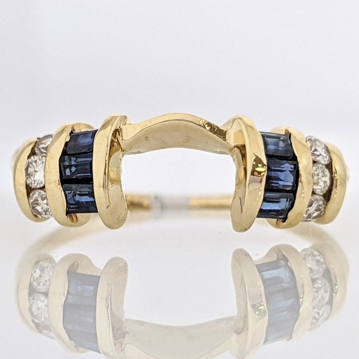 14K SAPPHIRE BAGUETTE (6) WITH .10 CARAT TOTAL WEIGHT DIAMOND ROUND (6) ESTATE WRAP 1.8 GRAMS