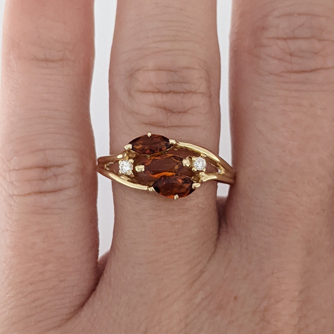 14K ORANGE GARNET MARQUISE (3) 3X5 WITH .04 DIAMOND TOTAL WEIGHT ESTATE RING 2.5 GRAMS