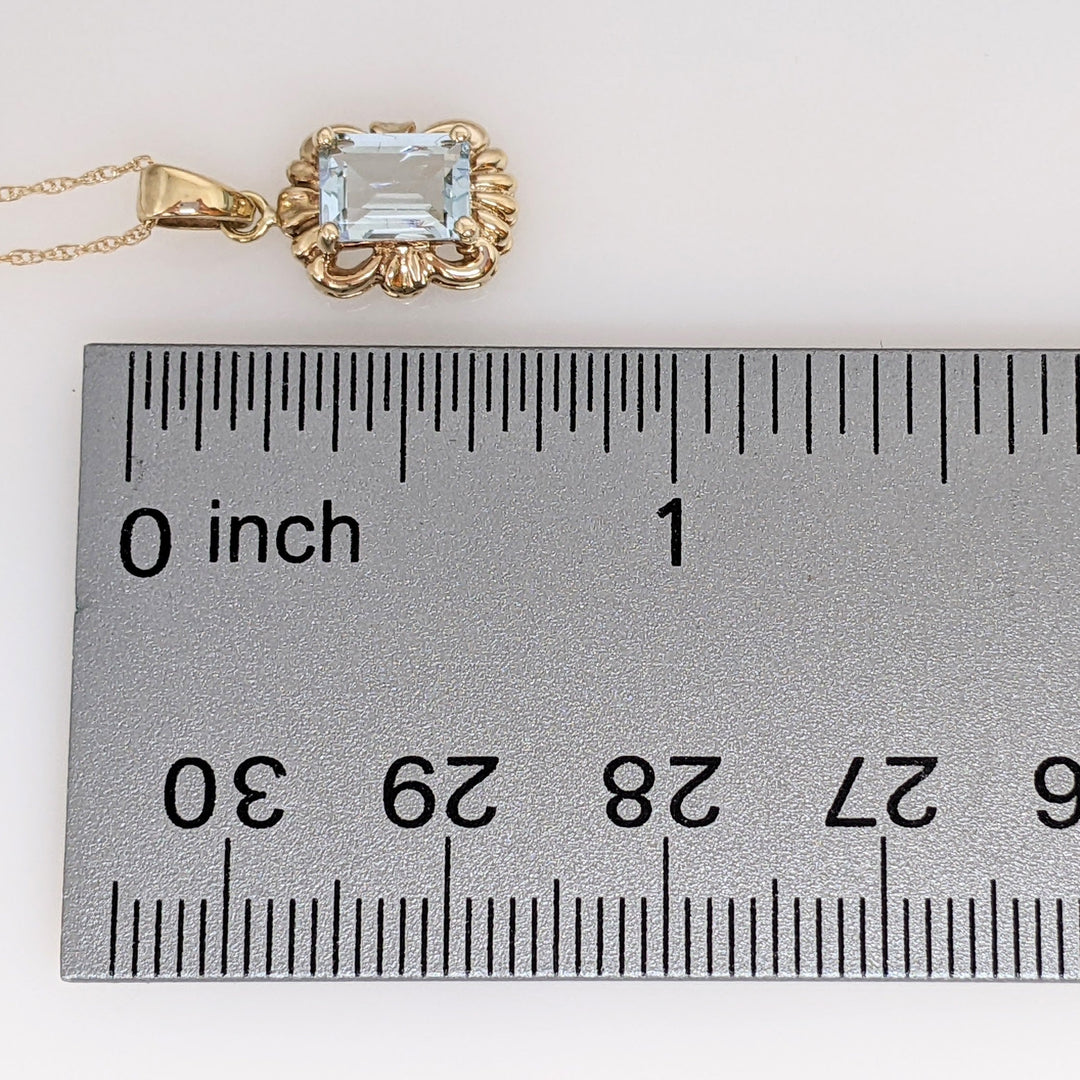 10K AQUAMARINE EMERALD CUT 5X7 WITH GOLD TRIM ESTATE PENDANT & CHAIN 1.5 GRAMS