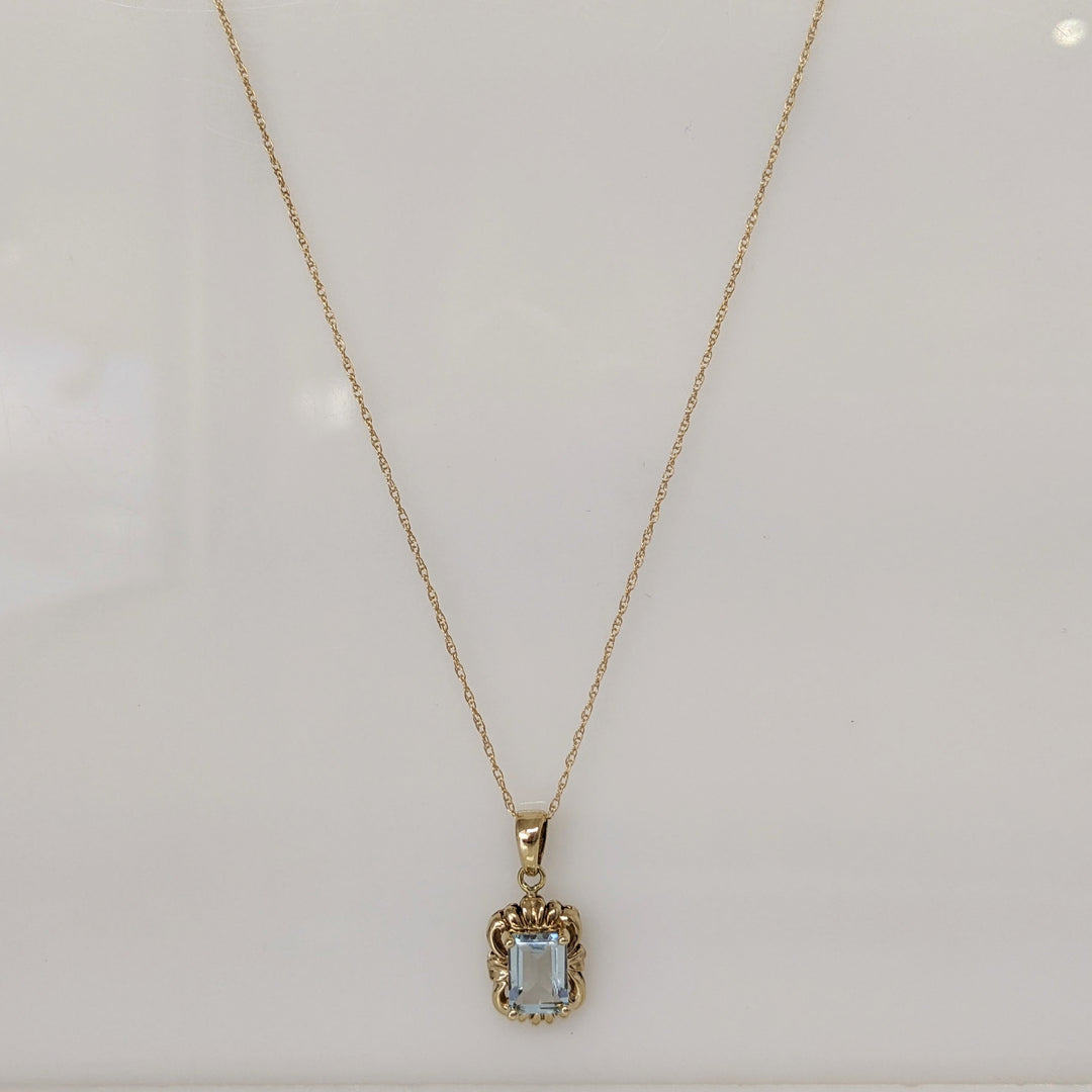 10K AQUAMARINE EMERALD CUT 5X7 WITH GOLD TRIM ESTATE PENDANT & CHAIN 1.5 GRAMS