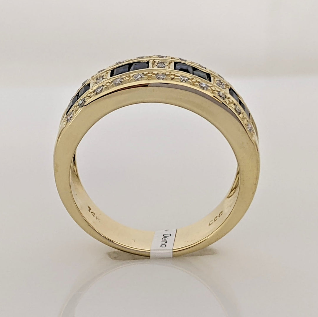 14K SAPPHIRE EMERALD CUT 3X4 (8) WITH .21 DIAMOND TOTAL WEIGHT ESTATE BAND 5.1 GRAMS