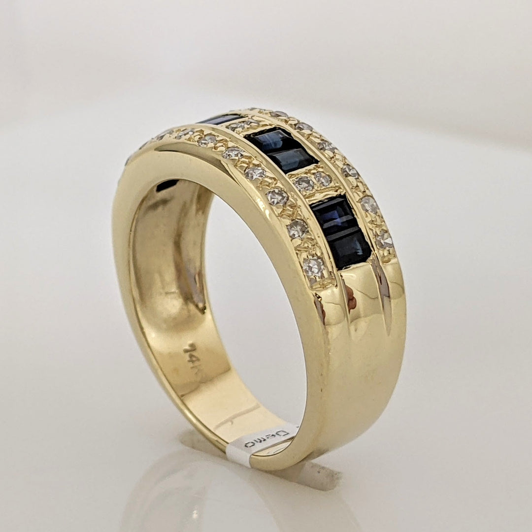 14K SAPPHIRE EMERALD CUT 3X4 (8) WITH .21 DIAMOND TOTAL WEIGHT ESTATE BAND 5.1 GRAMS