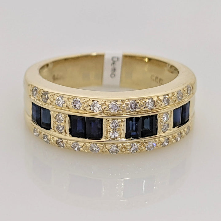 14K SAPPHIRE EMERALD CUT 3X4 (8) WITH .21 DIAMOND TOTAL WEIGHT ESTATE BAND 5.1 GRAMS