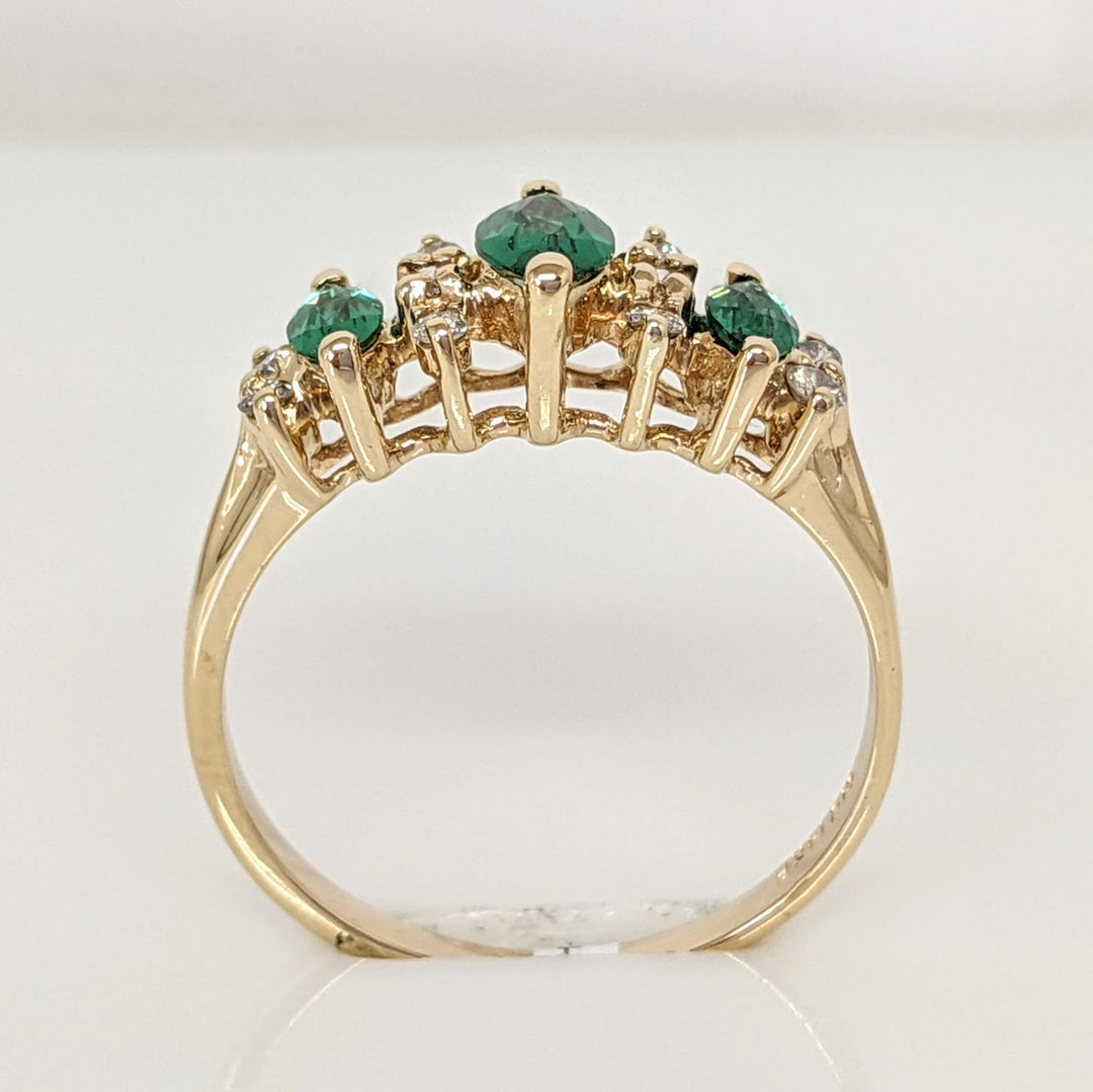 14K LAB-CREATED EMERALD MARQUISE (1) 6X3 (2) 2X4 WITH .10 DIAMOND TOTAL WEIGHT ESTATE RING 2.3 GRAMS