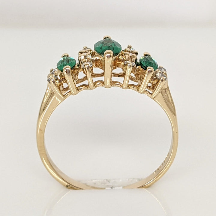 14K LAB-CREATED EMERALD MARQUISE (1) 6X3 (2) 2X4 WITH .10 DIAMOND TOTAL WEIGHT ESTATE RING 2.3 GRAMS