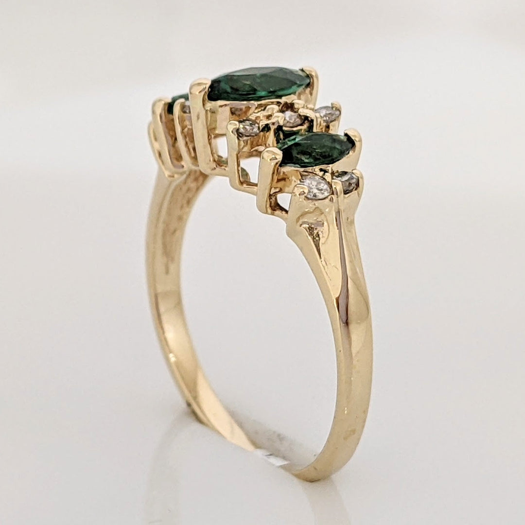 14K LAB-CREATED EMERALD MARQUISE (1) 6X3 (2) 2X4 WITH .10 DIAMOND TOTAL WEIGHT ESTATE RING 2.3 GRAMS