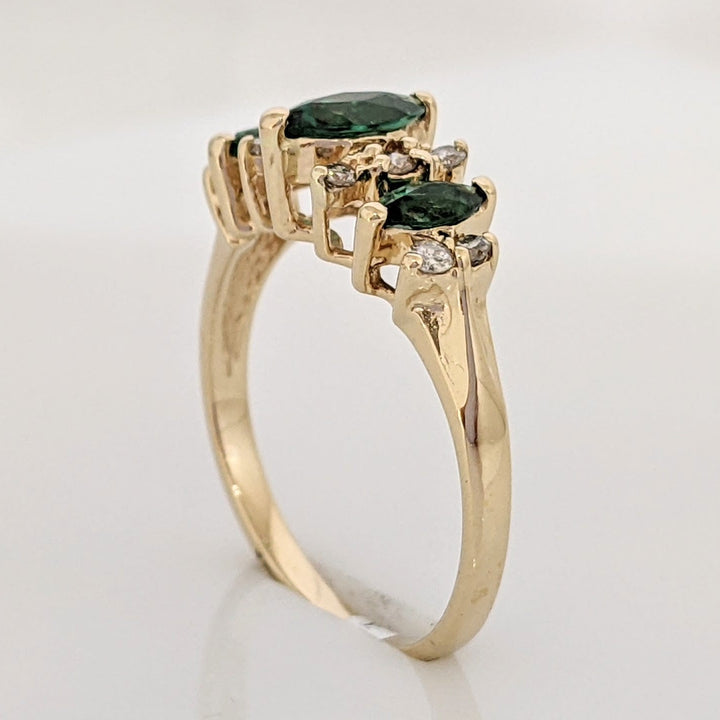 14K LAB-CREATED EMERALD MARQUISE (1) 6X3 (2) 2X4 WITH .10 DIAMOND TOTAL WEIGHT ESTATE RING 2.3 GRAMS