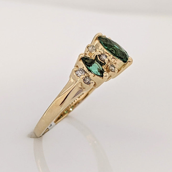 14K LAB-CREATED EMERALD MARQUISE (1) 6X3 (2) 2X4 WITH .10 DIAMOND TOTAL WEIGHT ESTATE RING 2.3 GRAMS