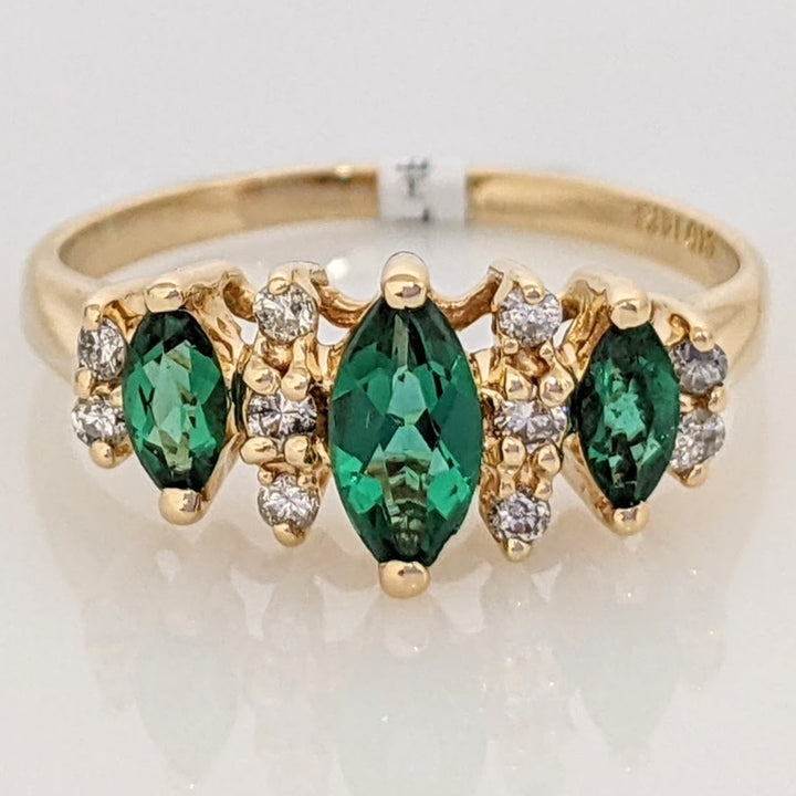 14K LAB-CREATED EMERALD MARQUISE (1) 6X3 (2) 2X4 WITH .10 DIAMOND TOTAL WEIGHT ESTATE RING 2.3 GRAMS