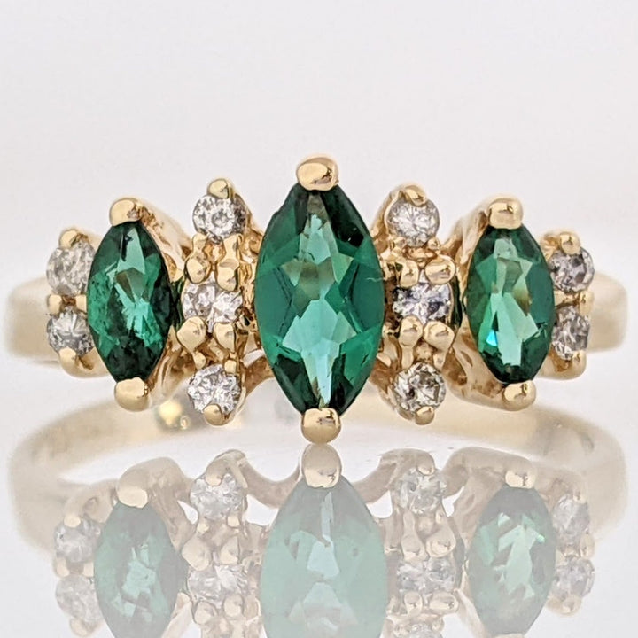 14K LAB-CREATED EMERALD MARQUISE (1) 6X3 (2) 2X4 WITH .10 DIAMOND TOTAL WEIGHT ESTATE RING 2.3 GRAMS