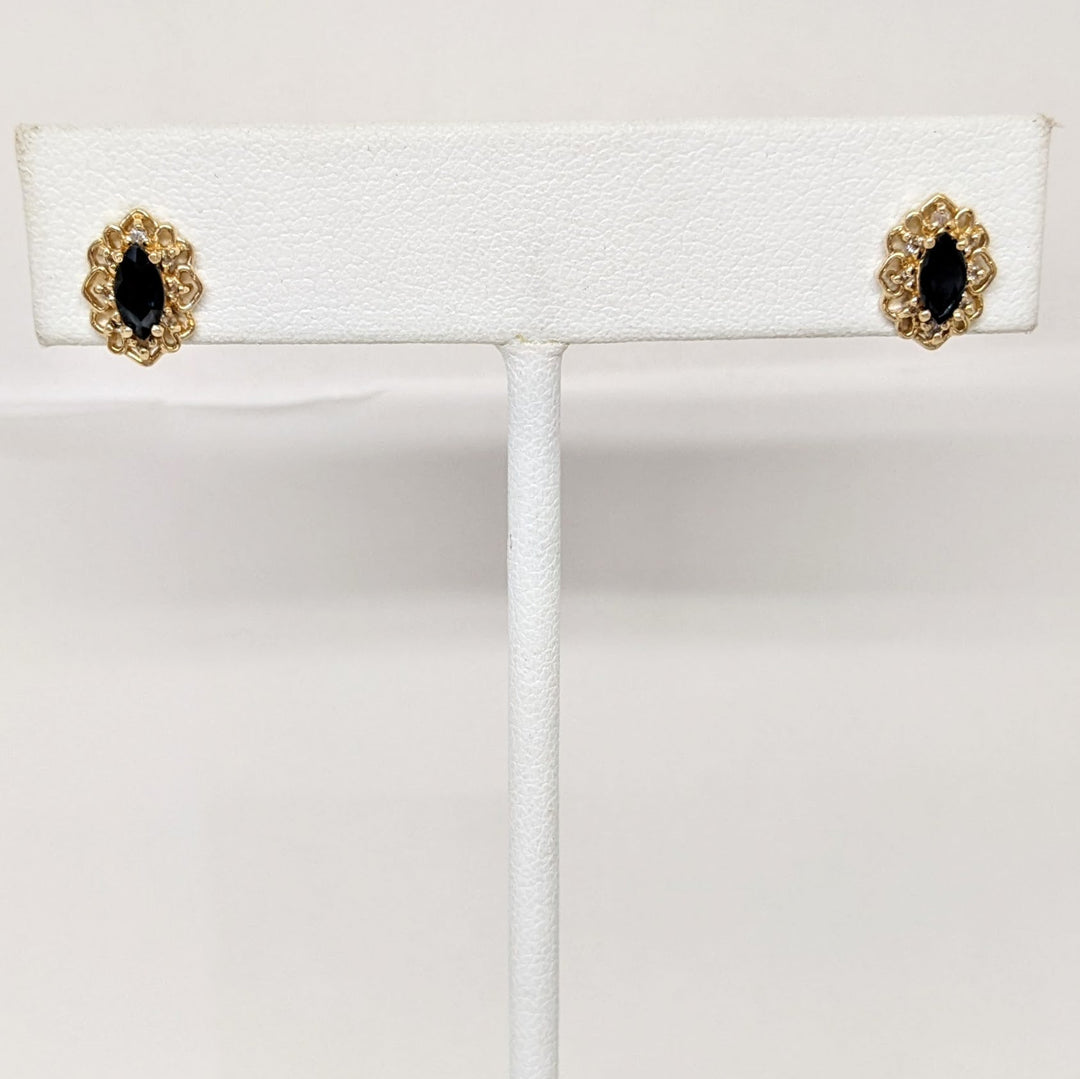 10K SAPPHIRE MARQUISE 4X5 WITH .08 DIAMOND TOTAL WEIGHT GOLD TRIM ESTATE EARRINGS 1.4 GRAMS