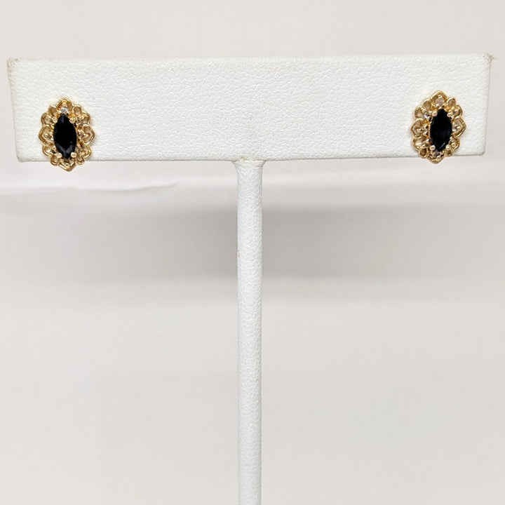 10K SAPPHIRE MARQUISE 4X5 WITH .08 DIAMOND TOTAL WEIGHT GOLD TRIM ESTATE EARRINGS 1.4 GRAMS