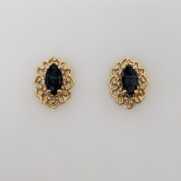 10K SAPPHIRE MARQUISE 4X5 WITH .08 DIAMOND TOTAL WEIGHT GOLD TRIM ESTATE EARRINGS 1.4 GRAMS