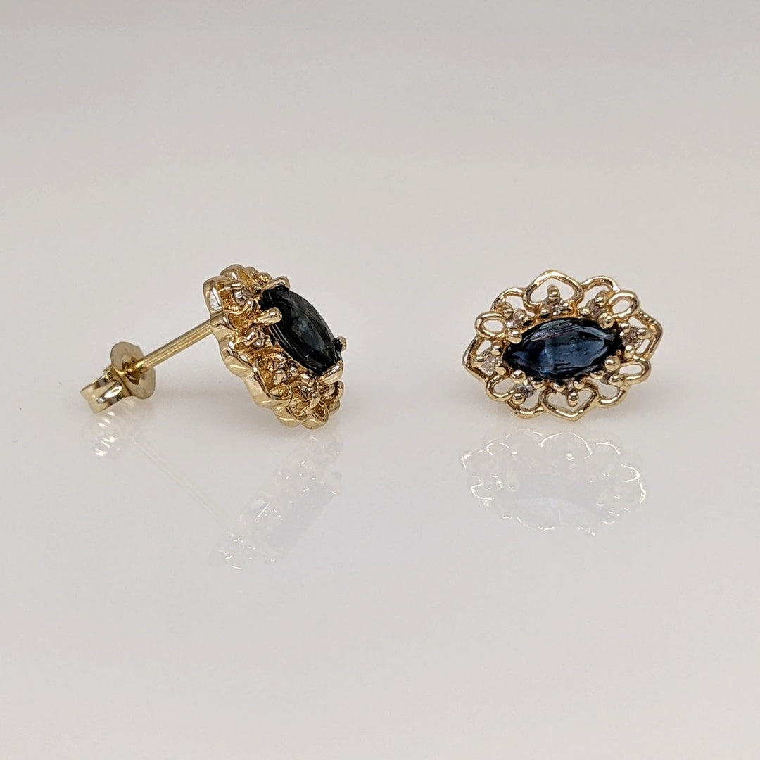 10K SAPPHIRE MARQUISE 4X5 WITH .08 DIAMOND TOTAL WEIGHT GOLD TRIM ESTATE EARRINGS 1.4 GRAMS