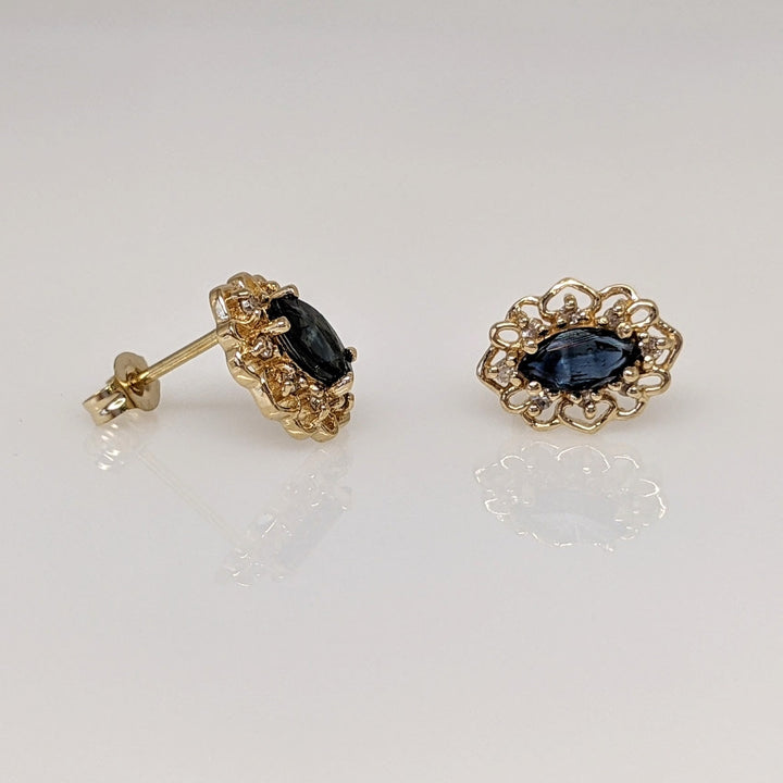 10K SAPPHIRE MARQUISE 4X5 WITH .08 DIAMOND TOTAL WEIGHT GOLD TRIM ESTATE EARRINGS 1.4 GRAMS
