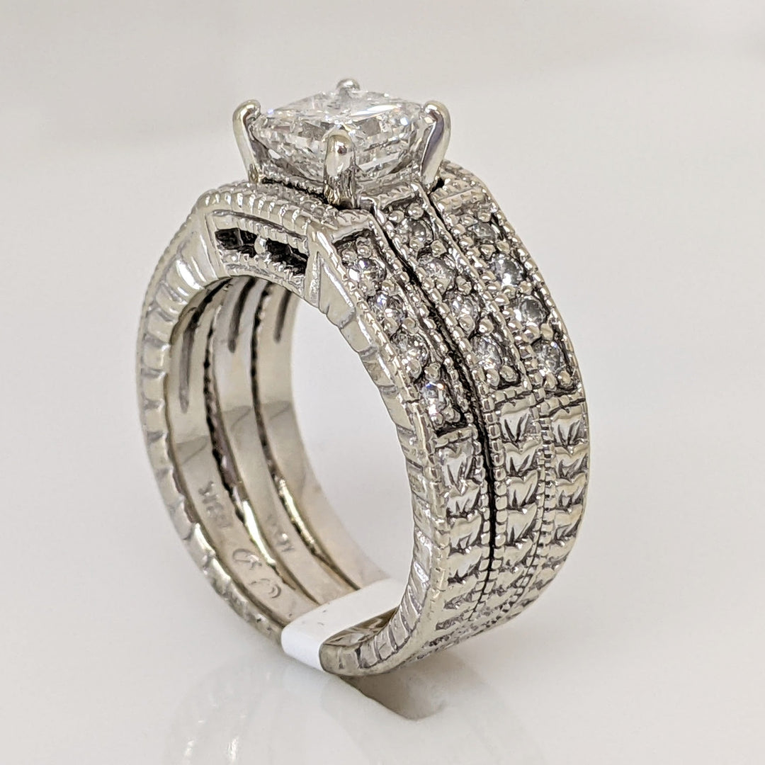 18K WHITE 1.55 CARAT TOTAL WEIGHT I1 F PRINCESS CUT DIAMOND WITH (24) ROUND ESTATE RING 10.3 GRAMS