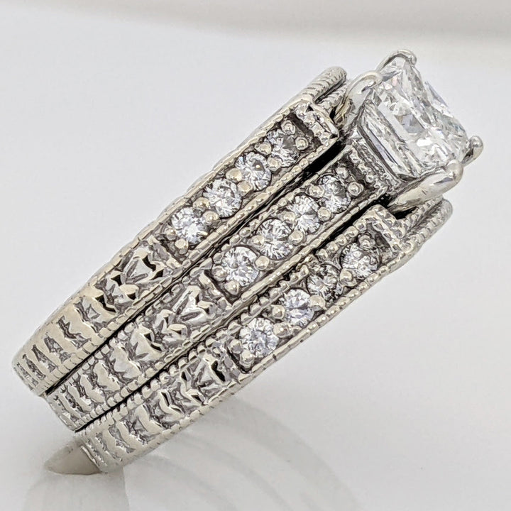 18K WHITE 1.55 CARAT TOTAL WEIGHT I1 F PRINCESS CUT DIAMOND WITH (24) ROUND ESTATE RING 10.3 GRAMS