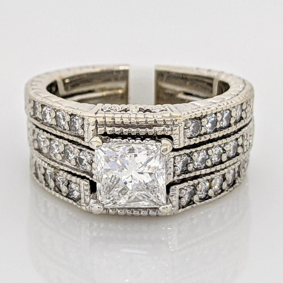 18K WHITE 1.55 CARAT TOTAL WEIGHT I1 F PRINCESS CUT DIAMOND WITH (24) ROUND ESTATE RING 10.3 GRAMS
