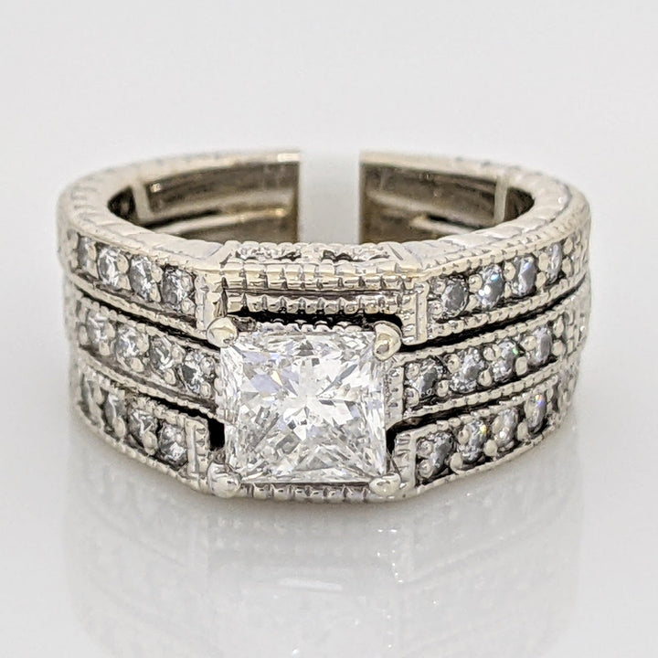 18K WHITE 1.55 CARAT TOTAL WEIGHT I1 F PRINCESS CUT DIAMOND WITH (24) ROUND ESTATE RING 10.3 GRAMS