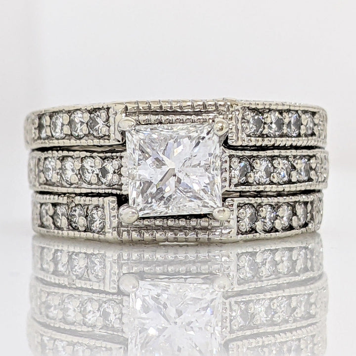 18K WHITE 1.55 CARAT TOTAL WEIGHT I1 F PRINCESS CUT DIAMOND WITH (24) ROUND ESTATE RING 10.3 GRAMS
